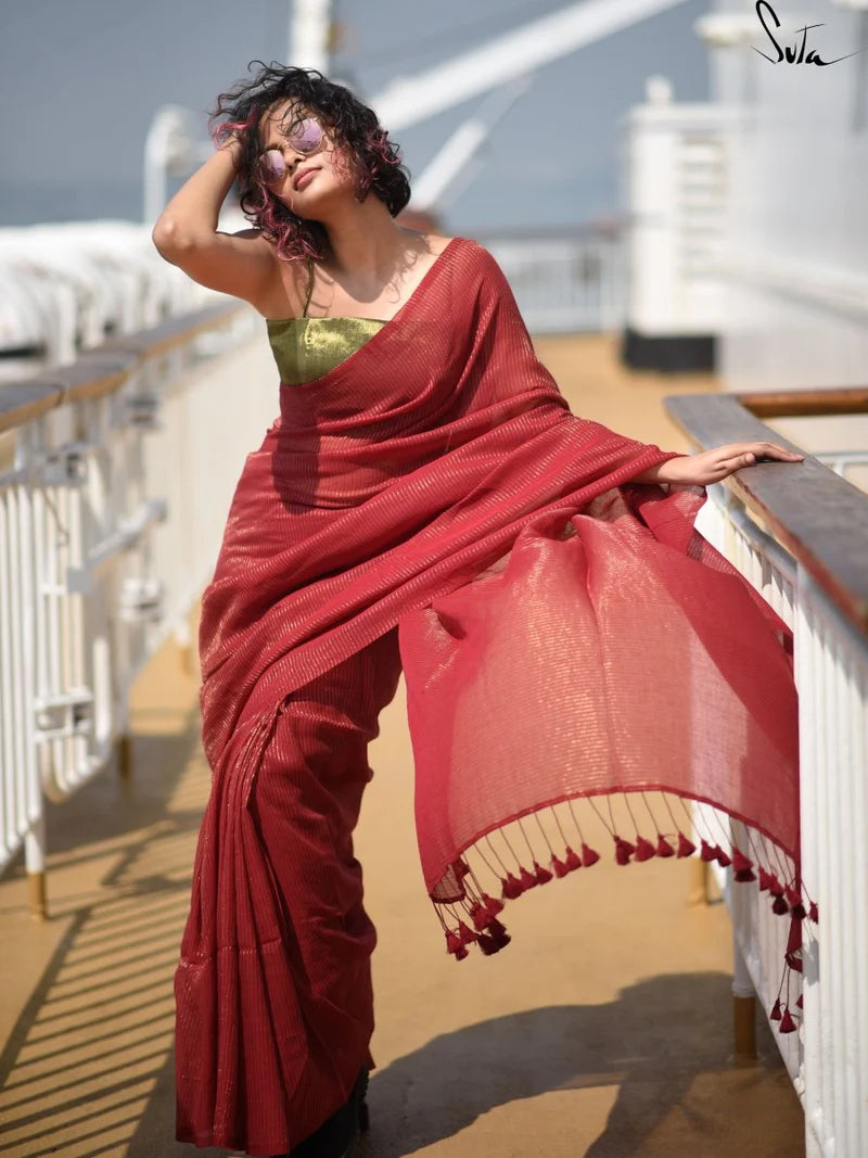 Hottest Sitara Maroon Mul Cotton and Zari Saree