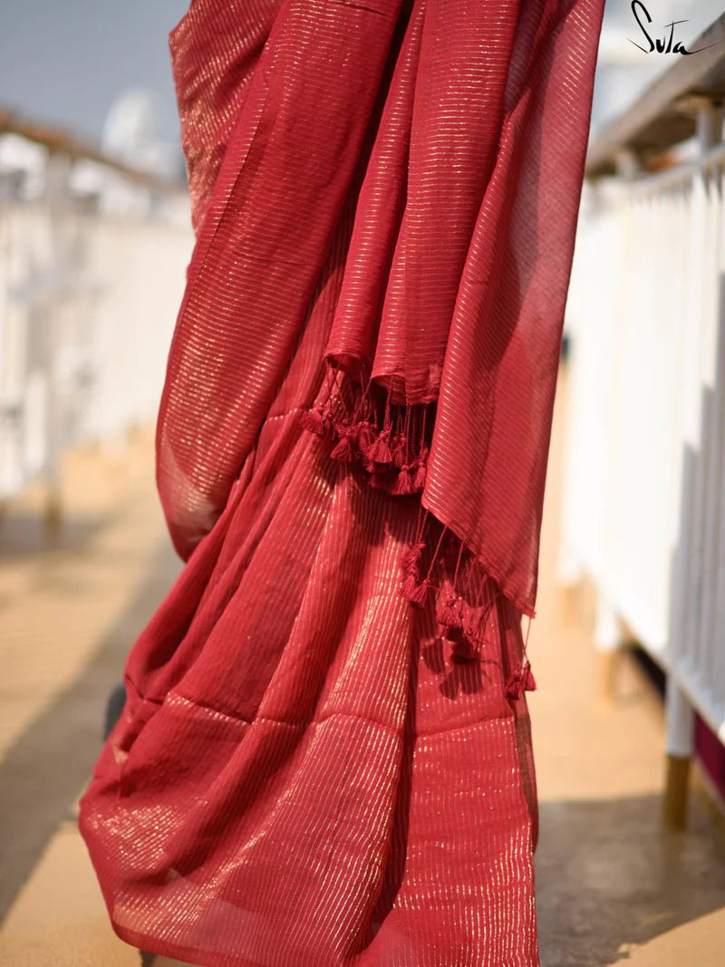 Hottest Sitara Maroon Mul Cotton and Zari Saree