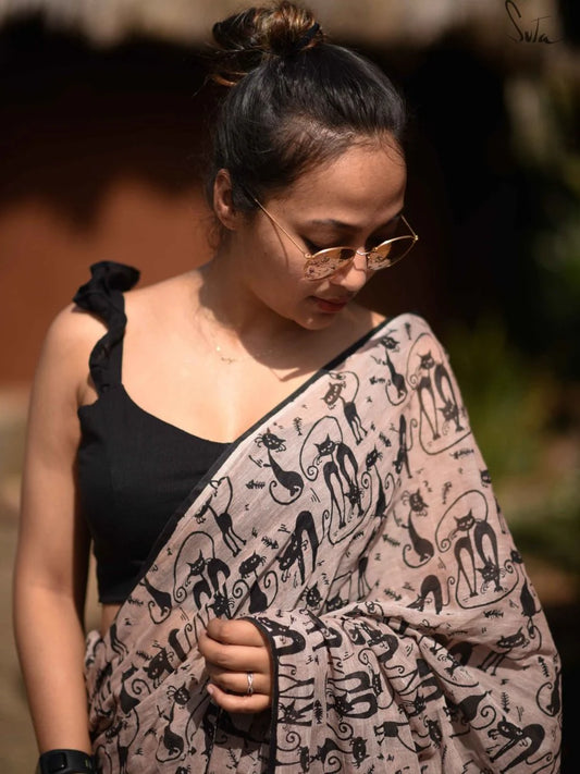 Meow Brown Printed Mul Cotton Saree