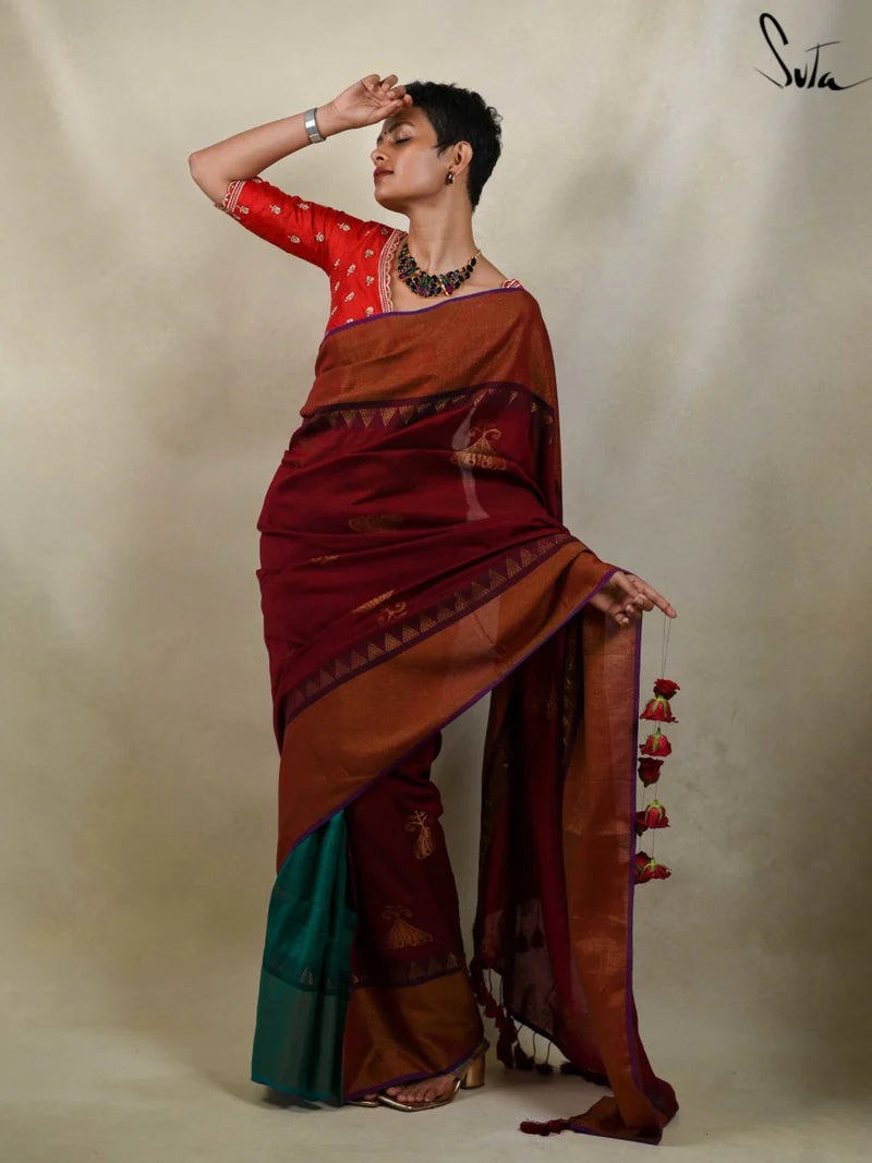 Rasraani Red Cotton Acrylic Saree