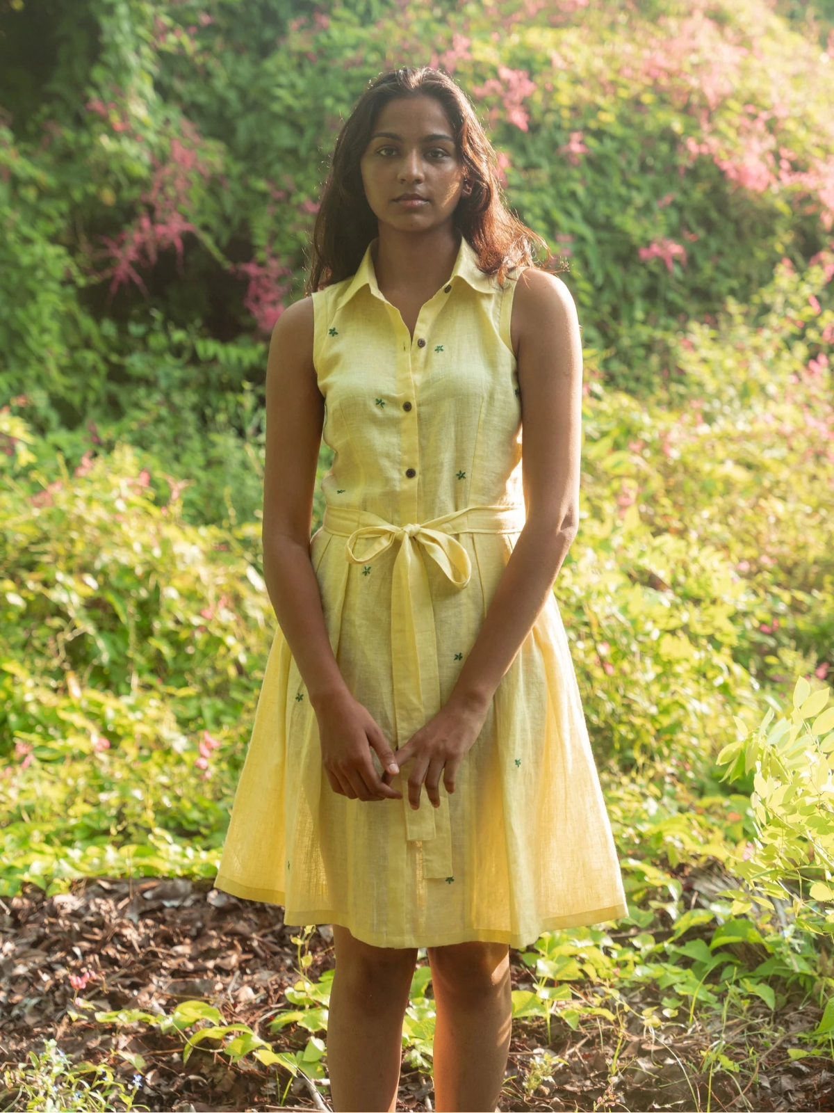 Skip the Sun Pleated Yellow Linen Dress