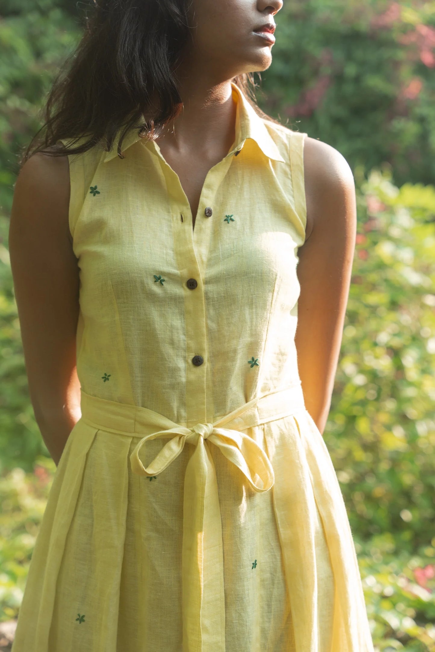 Skip the Sun Pleated Yellow Linen Dress