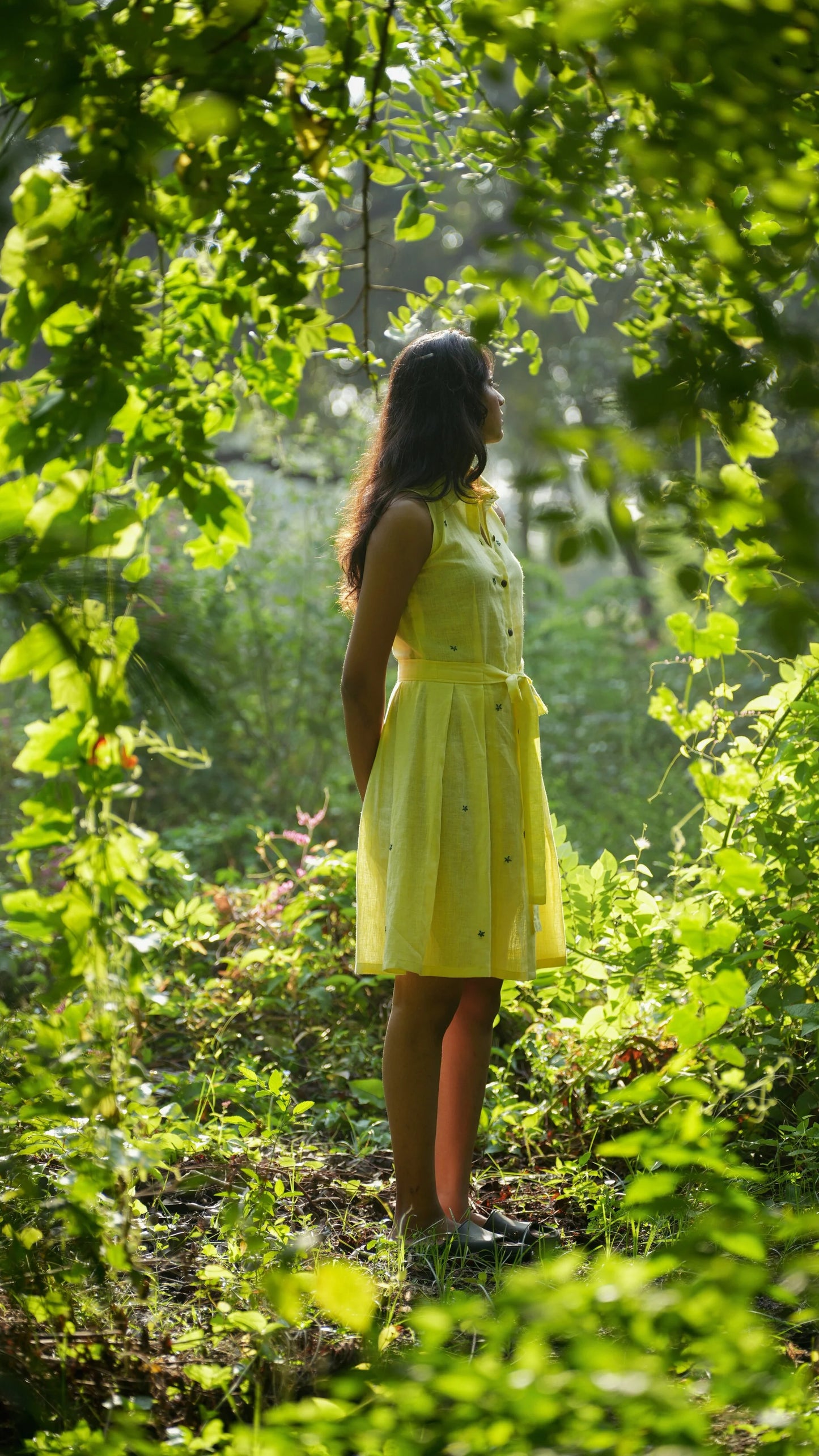 Skip the Sun Pleated Yellow Linen Dress
