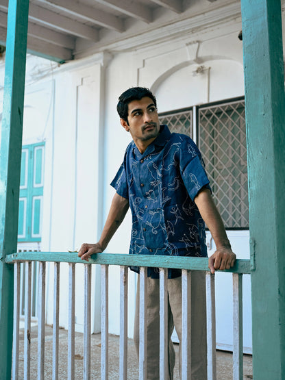 Living With the Flintstones Blue Linen Shirt