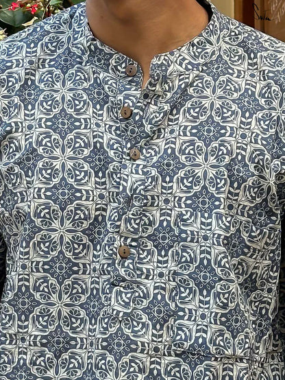 Honey Granola Blue Printed Cotton Shirt