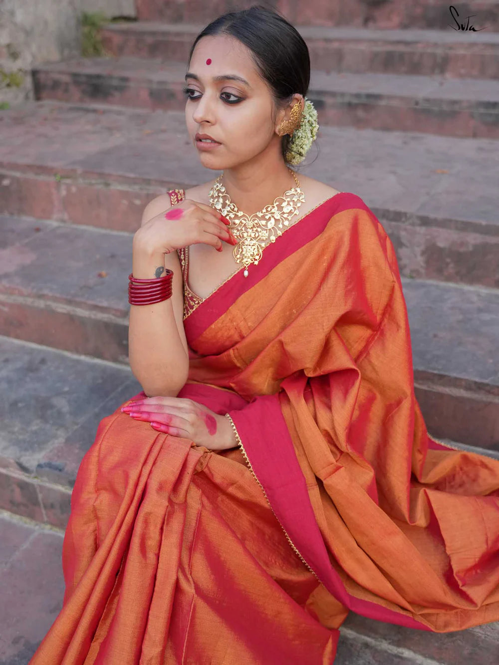 Shonajhuri Maroon Acrylic Cotton Saree