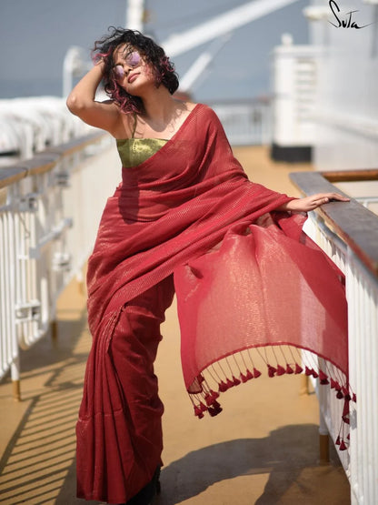 Hottest Sitara Maroon Mul Cotton and Zari Saree