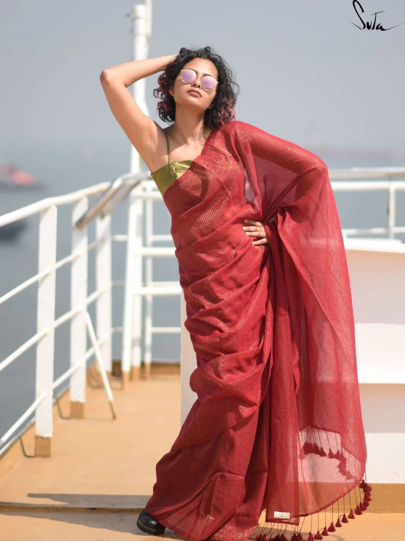 Hottest Sitara Maroon Mul Cotton and Zari Saree