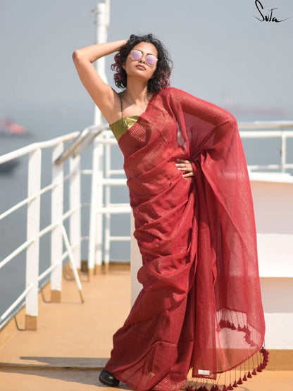 Hottest Sitara Maroon Mul Cotton and Zari Saree