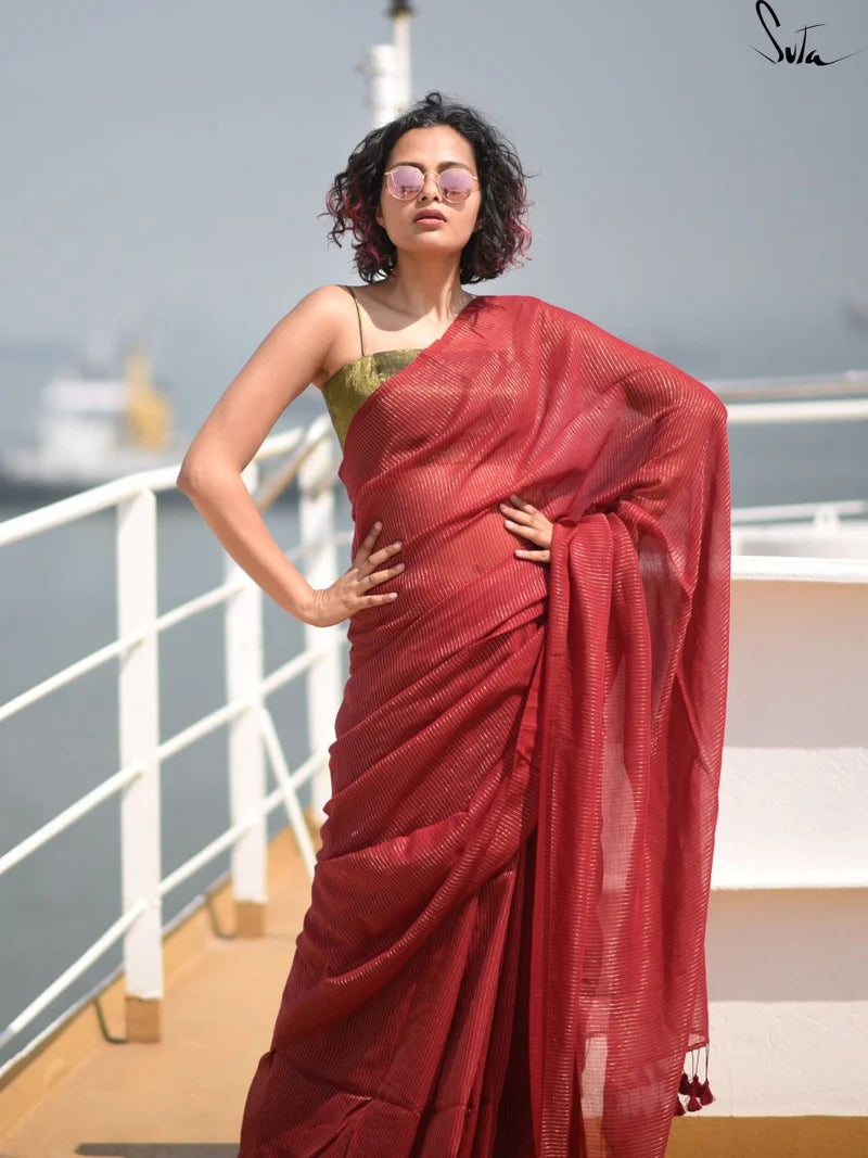 Hottest Sitara Maroon Mul Cotton and Zari Saree